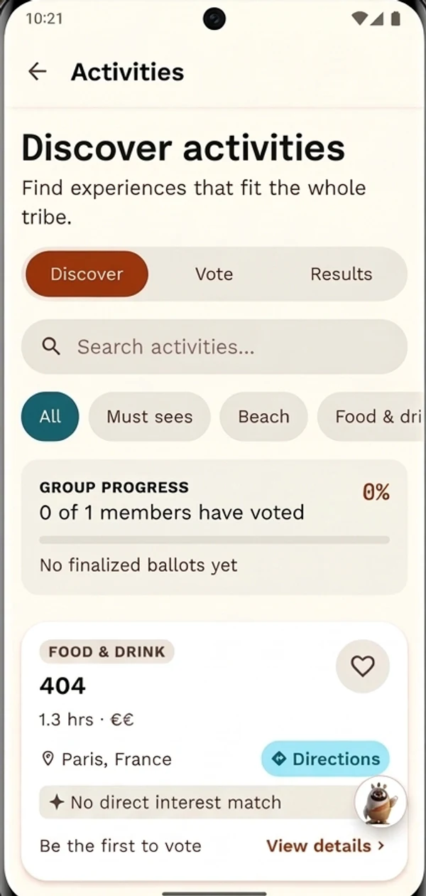 TripTribe's Activities screen with Discover, Vote and Results tabs, category filters, and a group progress bar showing how many members have voted.