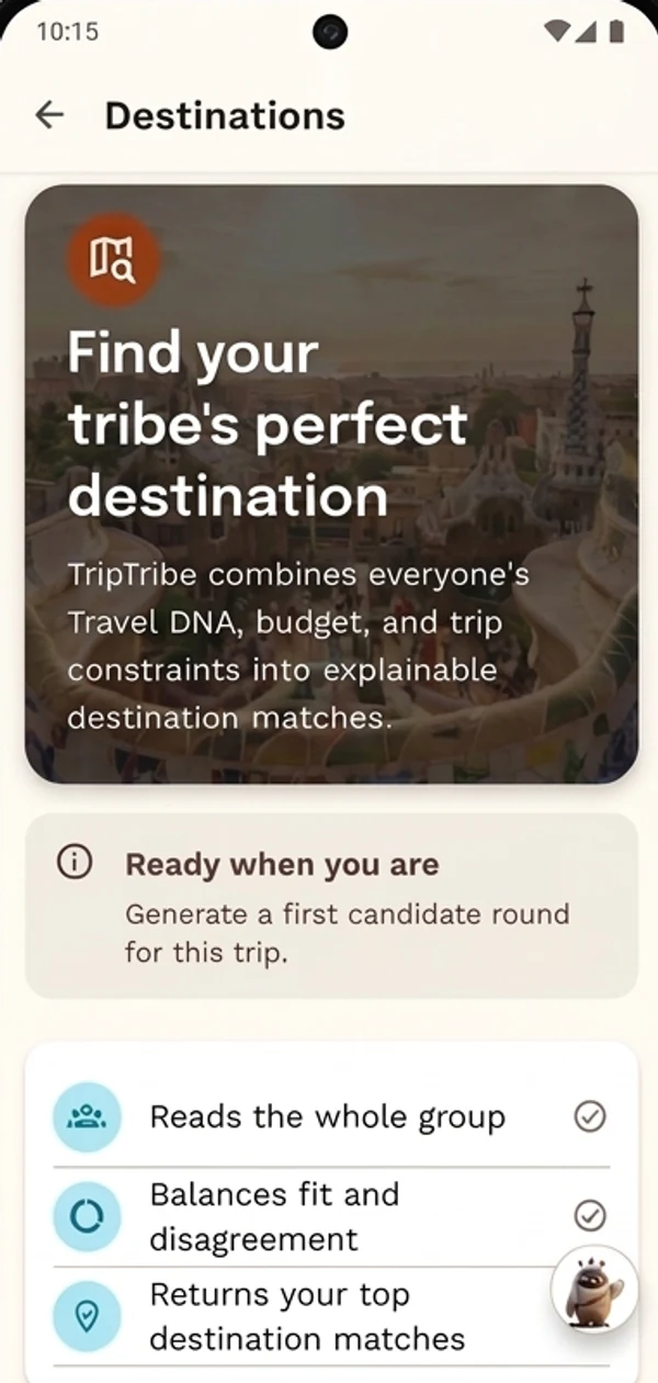 TripTribe's Destinations screen, explaining that it combines everyone's Travel DNA, budget and trip constraints into destination matches for the group.