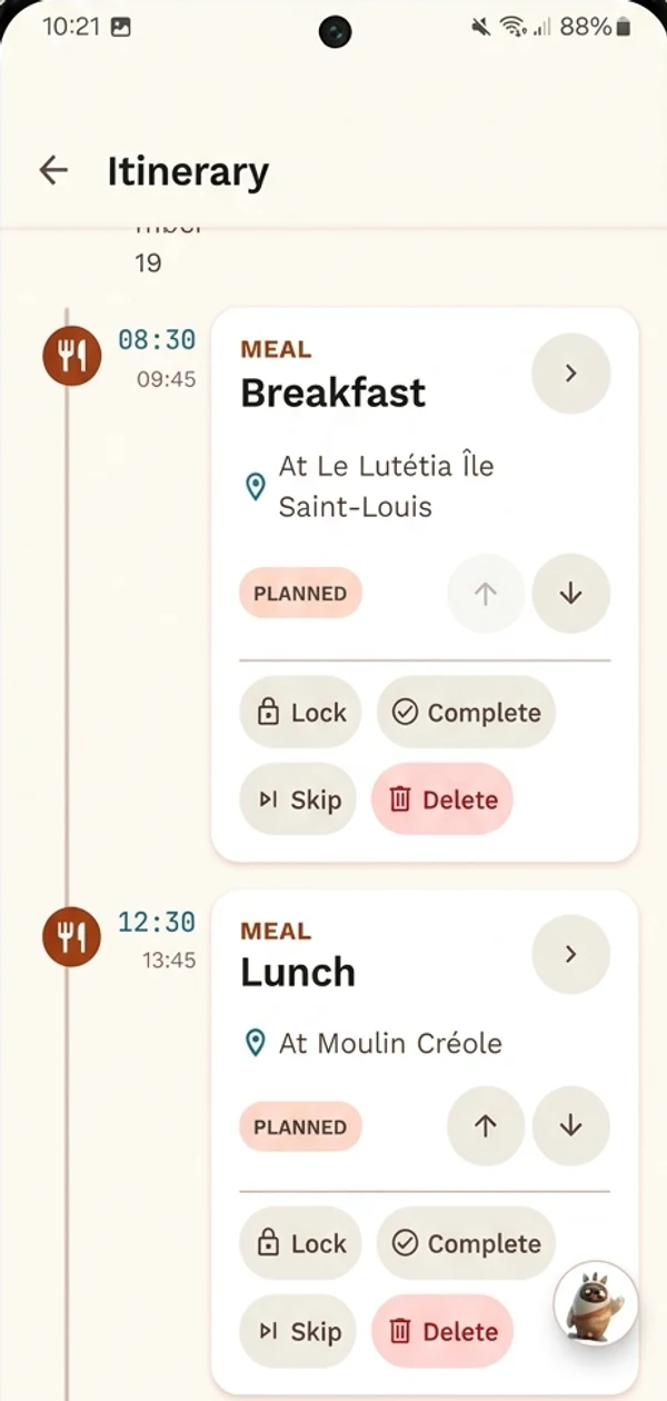 A day in a TripTribe itinerary: a timeline of planned stops with times and places, each with lock, complete and skip controls.