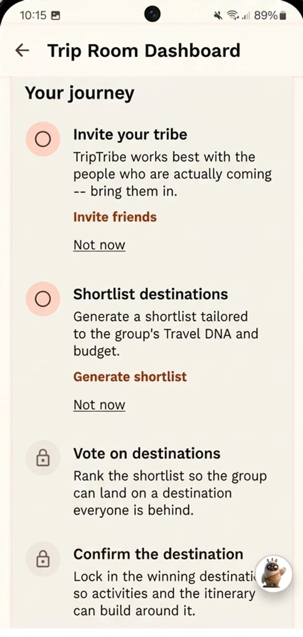 The trip's journey checklist in TripTribe: invite your tribe, shortlist destinations, vote on destinations, then confirm the destination.