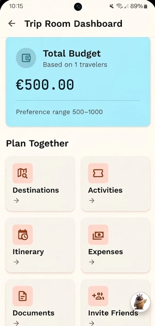 TripTribe's Trip Room dashboard: the trip's total budget at the top, then tiles for Destinations, Activities, Itinerary, Expenses, Documents and Invite Friends.